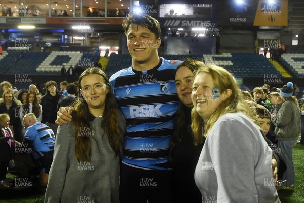 210325 - Cardiff Rugby v Emirates Lions - United Rugby Championship - Teddy Williams of Cardiff with fans at full time