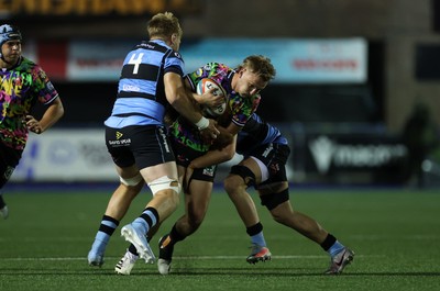 270925 - Cardiff Rugby v Emirates Lions - United Rugby Championship - Richard Kriel of Lions is tackled by Josh McNally of Cardiff 