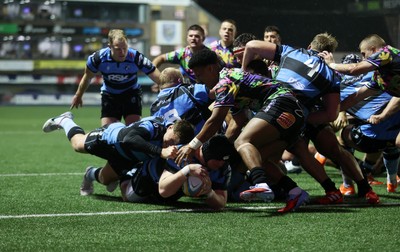270925 - Cardiff Rugby v Emirates Lions - United Rugby Championship - Evan Lloyd of Cardiff scores a try