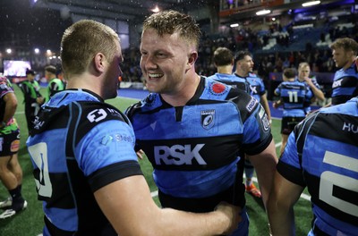270925 - Cardiff Rugby v Emirates Lions - United Rugby Championship - Evan Lloyd of Cardiff celebrates at full time