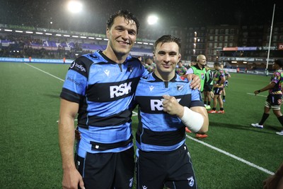 270925 - Cardiff Rugby v Emirates Lions - United Rugby Championship - Teddy Williams and Taine Basham of Cardiff at full time