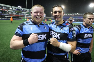 270925 - Cardiff Rugby v Emirates Lions - United Rugby Championship - Keiron Assiratti and Taine Basham of Cardiff at full time