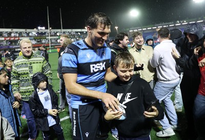 270925 - Cardiff Rugby v Emirates Lions - United Rugby Championship - Teddy Williams of Cardiff with fans at full time