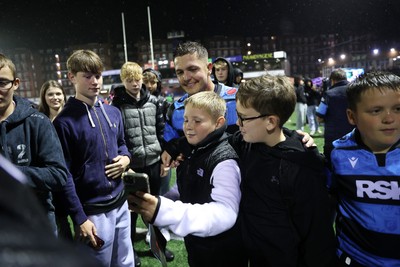 270925 - Cardiff Rugby v Emirates Lions - United Rugby Championship - Callum Sheedy of Cardiff with fans at full time