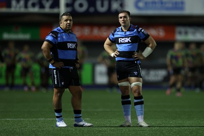 270925 - Cardiff Rugby v Emirates Lions - United Rugby Championship - Javan Sebastian and Taine Basham of Cardiff 