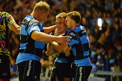 270925 - Cardiff Rugby v Emirates Lions - United Rugby Championship - Cam Winnett of Cardiff Rugby celebrates scoring a try with team mates