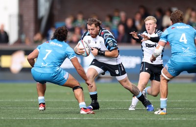 190926 - Cardiff Rugby v Exeter Chiefs - Pre Season Friendly - Sam Wainwright of Cardiff is challenged by Kane James of Exeter 