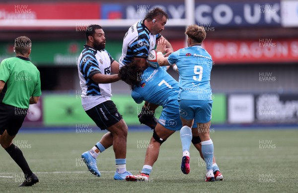 190926 - Cardiff Rugby v Exeter Chiefs - Pre Season Friendly - Liam Belcher of Cardiff is tackled by Kane James of Exeter 