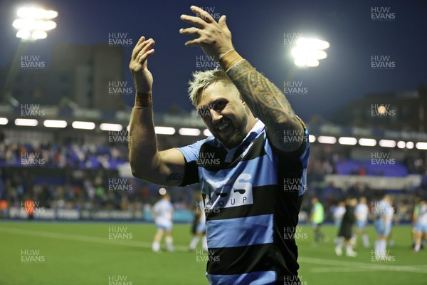 260322 - Cardiff Rugby v Glasgow Warriors - United Rugby Championship - Josh Turnbull of Cardiff Rugby celebrate with fans at full time