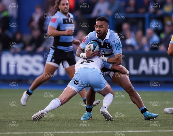 260322 - Cardiff Rugby v Glasgow Warriors, United Rugby Championship - Willis Halaholo of Cardiff Rugby looks for support as he is tackled