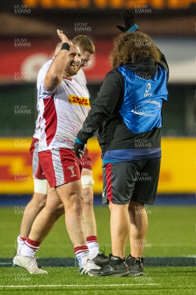 130124 - Cardiff Rugby v Harlequins - Investec Champions Cup - Dillon Lewis of Harlequins and coach Adam Jones celebrate Dillon’s try