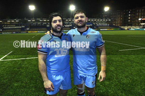 140122 - Cardiff Rugby v Harlequins - European Rugby Heineken Champions Cup - Brother Torin Myhill and Kirby Myhill of Cardiff at the end of the game