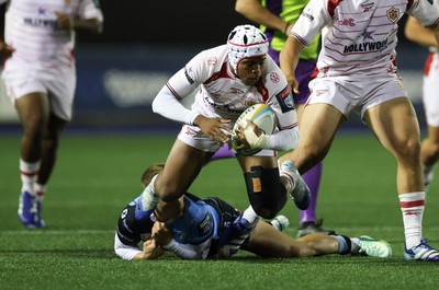 231026 Cardiff Rugby v Hollywoodbets Sharks, BKT United Rugby Championship - Zekhethelo Siyaya of Hollywoodbets Sharks takes on Cam Winnett of Cardiff Rugby