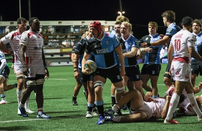 231026 Cardiff Rugby v Hollywoodbets Sharks, BKT United Rugby Championship - James Botham of Cardiff Rugby powers over to score try