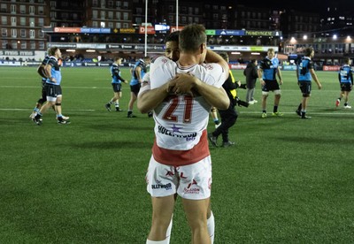 231026 Cardiff Rugby v Hollywoodbets Sharks, BKT United Rugby Championship - Gianni Lombard of Hollywoodbets Sharks and Ivan van Zyl of Hollywoodbets Sharks at the end of the match