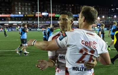 231026 Cardiff Rugby v Hollywoodbets Sharks, BKT United Rugby Championship - Gianni Lombard of Hollywoodbets Sharks and Ivan van Zyl of Hollywoodbets Sharks at the end of the match