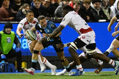 231026 - Cardiff Rugby v Hollywoodbets Sharks - United Rugby Championship - Harri Millard of Cardiff Rugby is challenged by Phatu Ganyane of Sharks
