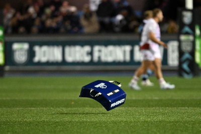 231026 - Cardiff Rugby v Hollywoodbets Sharks - United Rugby Championship - Warm up pads are blown onto the pitch during play