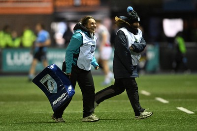 231026 - Cardiff Rugby v Hollywoodbets Sharks - United Rugby Championship - Warm up pads are blown onto the pitch during play