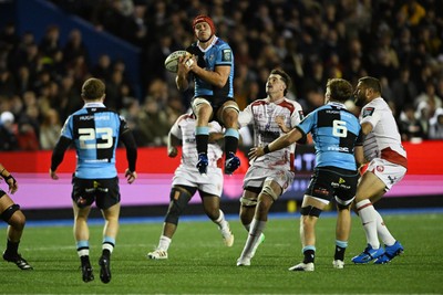 231026 - Cardiff Rugby v Hollywoodbets Sharks - United Rugby Championship - James Botham of Cardiff Rugby wins the ball