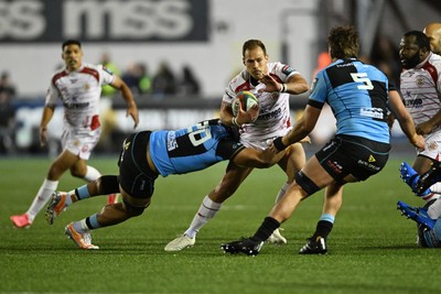 231026 - Cardiff Rugby v Hollywoodbets Sharks - United Rugby Championship - Ivan van Zyl of Sharks is challenged by Semisi Paea of Cardiff Rugby
