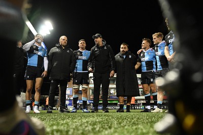 231026 - Cardiff Rugby v Hollywoodbets Sharks - United Rugby Championship - Cardiff head coach, Corniel Van Zyl leas his sides huddle at full time