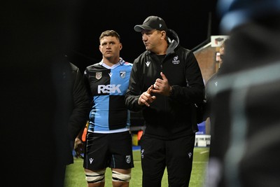 231026 - Cardiff Rugby v Hollywoodbets Sharks - United Rugby Championship - Cardiff head coach, Corniel Van Zyl leas his sides huddle at full time