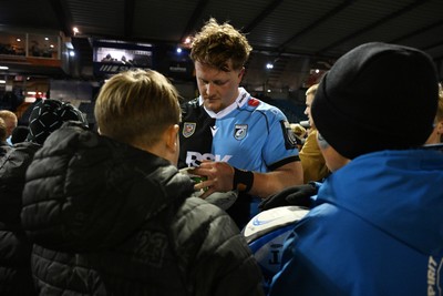 231026 - Cardiff Rugby v Hollywoodbets Sharks - United Rugby Championship - Evan Lloyd of Cardiff with fans