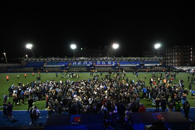 231026 - Cardiff Rugby v Hollywoodbets Sharks - United Rugby Championship - Fans on the pitch at full time