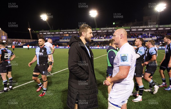 020324 - Cardiff Rugby v Leinster, United Rugby Championship - Josh Turnbull of Cardiff Rugby chats with Rhys Ruddock of Leinster at the end of the match