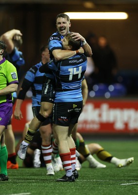 270226 - Cardiff v Leinster - United Rugby Championship - Jacob Beetham and Harri Millard of Cardiff celebrate at full time