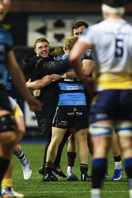 270226 - Cardiff Rugby v Leinster - United Rugby Championship - Cardiff players celebrate the win at full time