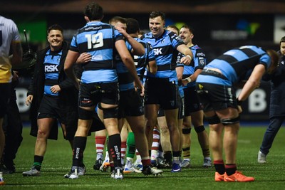 270226 - Cardiff Rugby v Leinster - United Rugby Championship - Cardiff players celebrate the win at full time