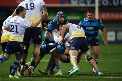 270226 - Cardiff Rugby v Leinster - United Rugby Championship - Alun Lawrence of Cardiff Rugby is challenged by James Culhane of Leinster