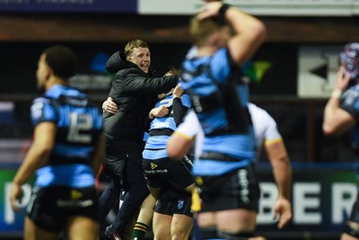 270226 - Cardiff Rugby v Leinster - United Rugby Championship - Tom Bowen of Cardiff Rugby celebrates his sides win at full time
