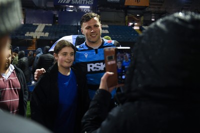 270226 - Cardiff Rugby v Leinster - United Rugby Championship - Mason Grady of Cardiff Rugby with fans at full time