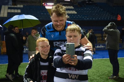 270226 - Cardiff Rugby v Leinster - United Rugby Championship - Josh McNally of Cardiff Rugby with fans at full time