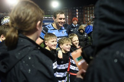 270226 - Cardiff Rugby v Leinster - United Rugby Championship - Taine Basham of Cardiff Rugby with fans at full time