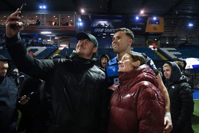 270226 - Cardiff Rugby v Leinster - United Rugby Championship - Mason Grady of Cardiff Rugby with fans at full time