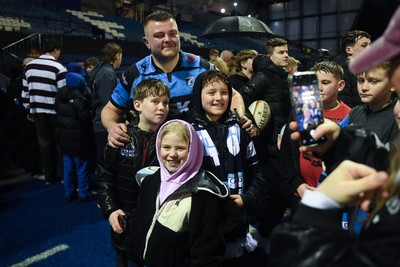 270226 - Cardiff Rugby v Leinster - United Rugby Championship - Danny Southworth of Cardiff Rugby with fans at full time