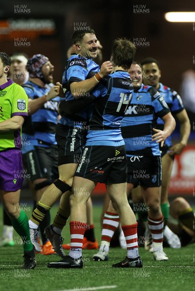270226 - Cardiff v Leinster - United Rugby Championship - Jacob Beetham and Harri Millard of Cardiff celebrate at full time