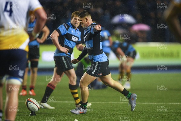 270226 - Cardiff Rugby v Leinster - United Rugby Championship - Callum Sheedy of Cardiff Rugby kicks the conversion