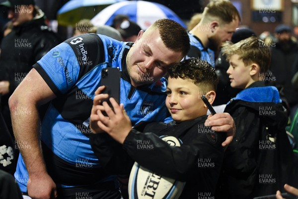 270226 - Cardiff Rugby v Leinster - United Rugby Championship - Danny Southworth of Cardiff Rugby with fans at full time