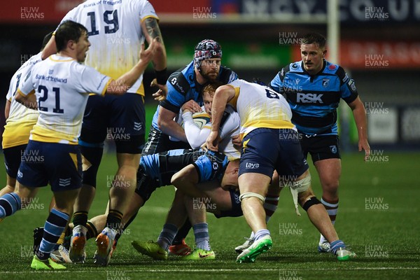 270226 - Cardiff Rugby v Leinster - United Rugby Championship - Alun Lawrence of Cardiff Rugby is challenged by James Culhane of Leinster