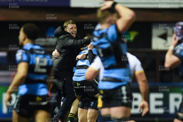 270226 - Cardiff Rugby v Leinster - United Rugby Championship - Tom Bowen of Cardiff Rugby celebrates his sides win at full time