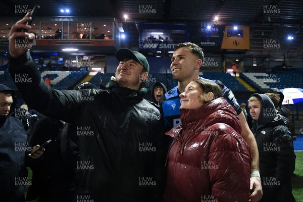 270226 - Cardiff Rugby v Leinster - United Rugby Championship - Mason Grady of Cardiff Rugby with fans at full time