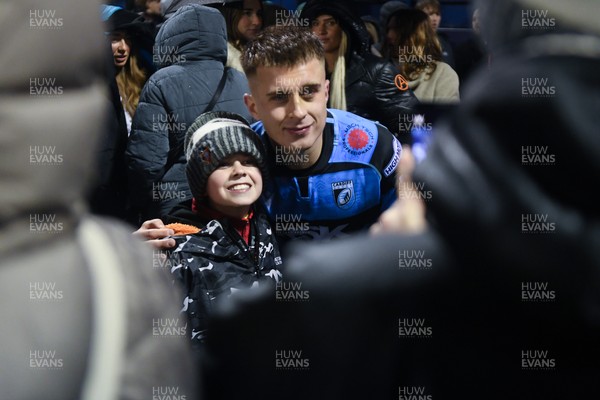 270226 - Cardiff Rugby v Leinster - United Rugby Championship - Cam Winnett of Cardiff Rugby with fans at full time
