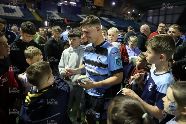 250425 - Cardiff Rugby v Munster - United Rugby Championship - Callum Sheedy of Cardiff with fans at full time