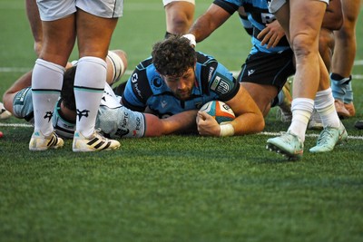 240426 - Cardiff Rugby v Ospreys - United Rugby Championship - Rory Thornton of Cardiff Rugby scores the first try of the game