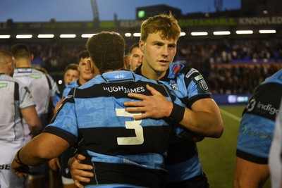 240426 - Cardiff Rugby v Ospreys - United Rugby Championship - Jacob Beetham of Cardiff Rugby at full time